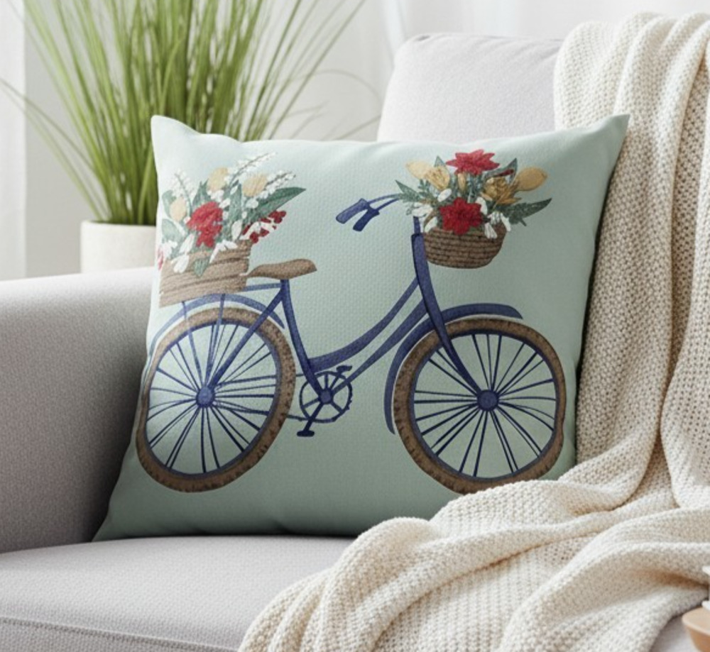 Hampton Bay Throw Pillow Powder Blue Bicycle With Flower Basket 17x17